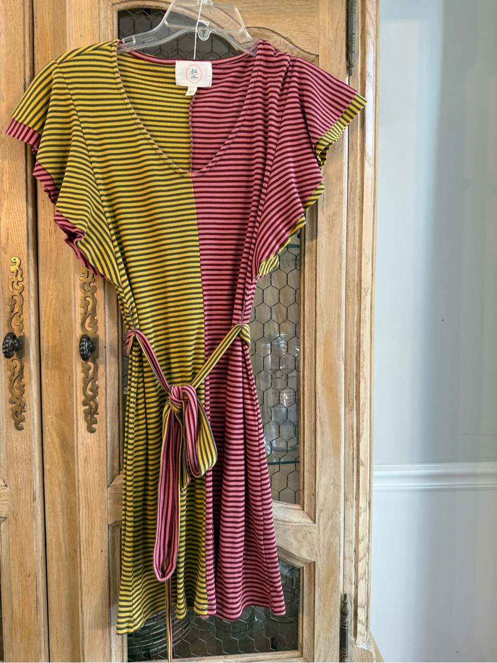 Ella Mara Striped Split-Panel V-Neck Tie-Waist Dress - Yellow & Pink